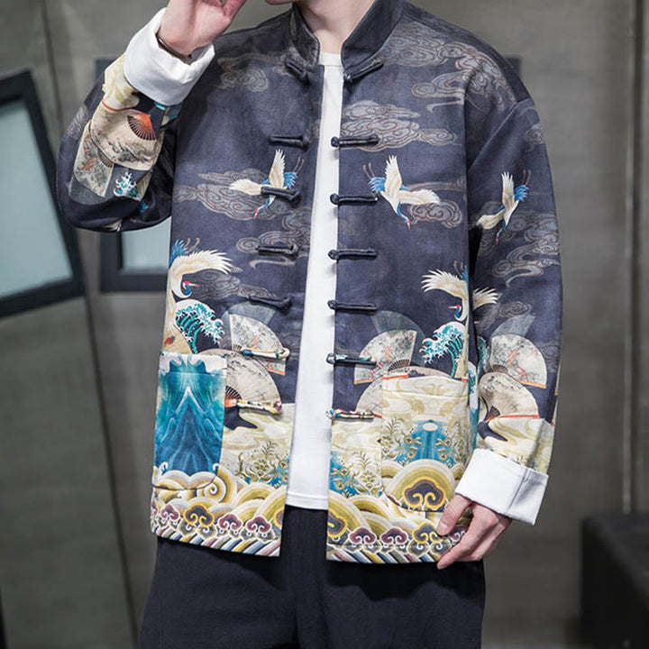 Buddha Stonesカエルボタン 中国唐装 鶴のキャラクター ロングシャツ コットンスエード メンズ ジャケット 衣類 - ミッドナイトブルー - US/UK/AU46、 EU56 (5XL) - image 8