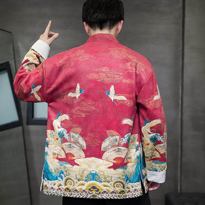 Buddha Stonesカエルボタン 中国唐装 鶴のキャラクター ロングシャツ コットンスエード メンズ ジャケット 衣類