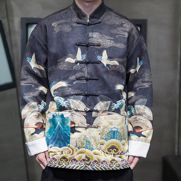 Buddha Stonesカエルボタン 中国唐装 鶴のキャラクター ロングシャツ コットンスエード メンズ ジャケット 衣類