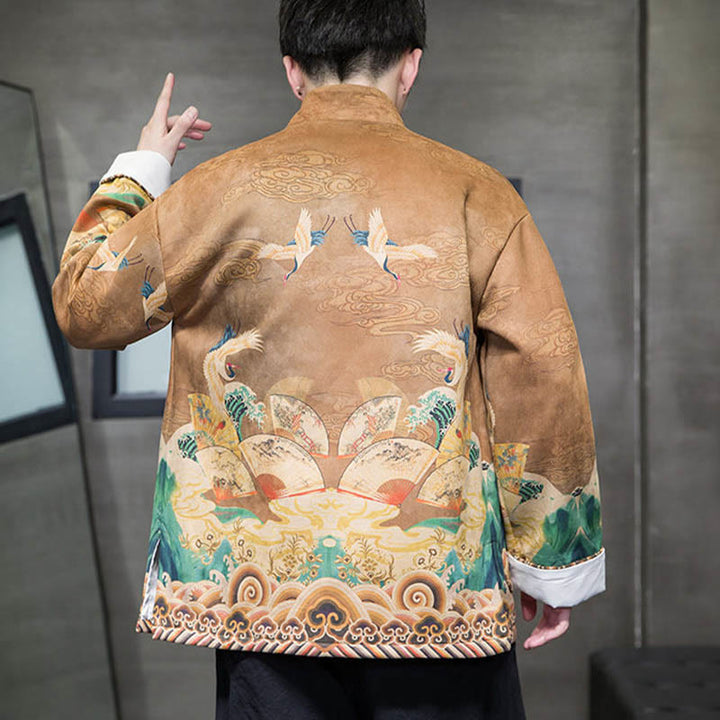 Buddha Stonesカエルボタン 中国唐装 鶴のキャラクター ロングシャツ コットンスエード メンズ ジャケット 衣類