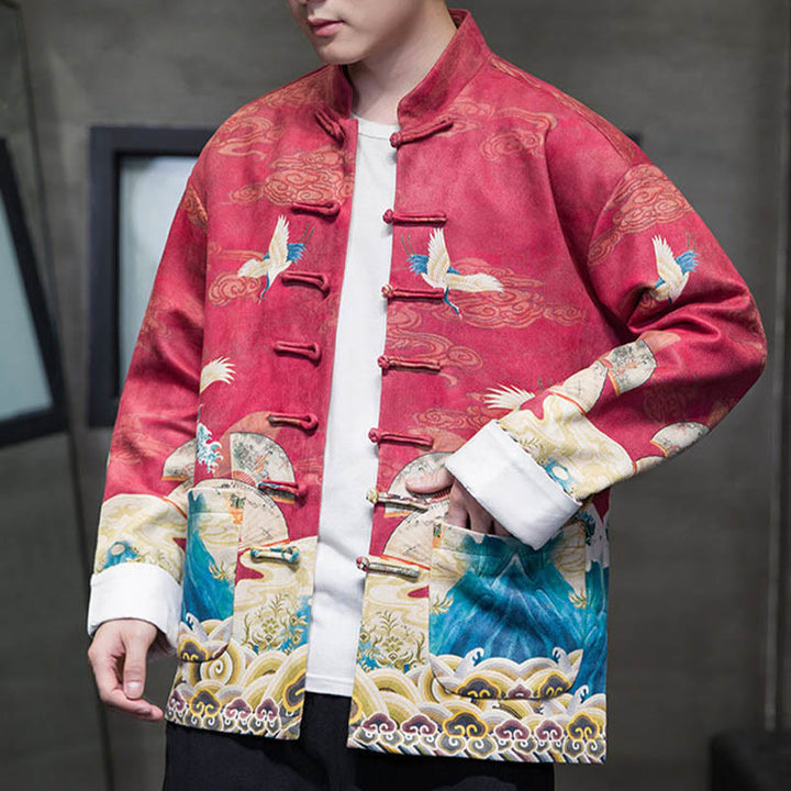 Buddha Stonesカエルボタン 中国唐装 鶴のキャラクター ロングシャツ コットンスエード メンズ ジャケット 衣類 - image 20