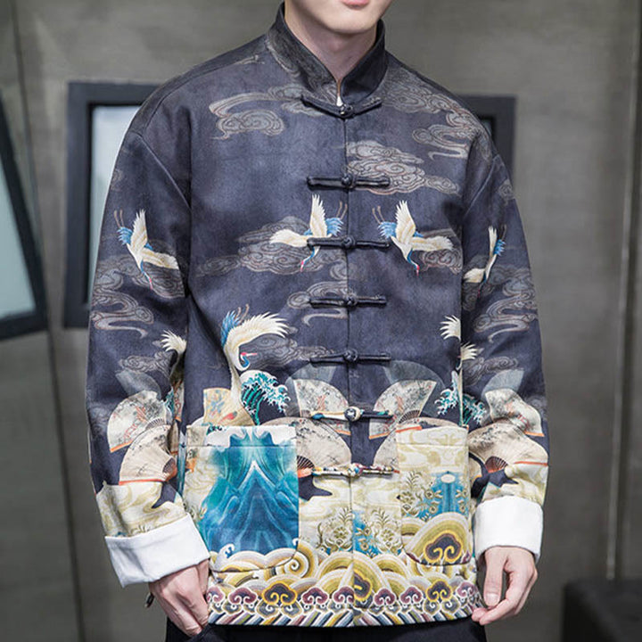 Buddha Stonesカエルボタン 中国唐装 鶴のキャラクター ロングシャツ コットンスエード メンズ ジャケット 衣類