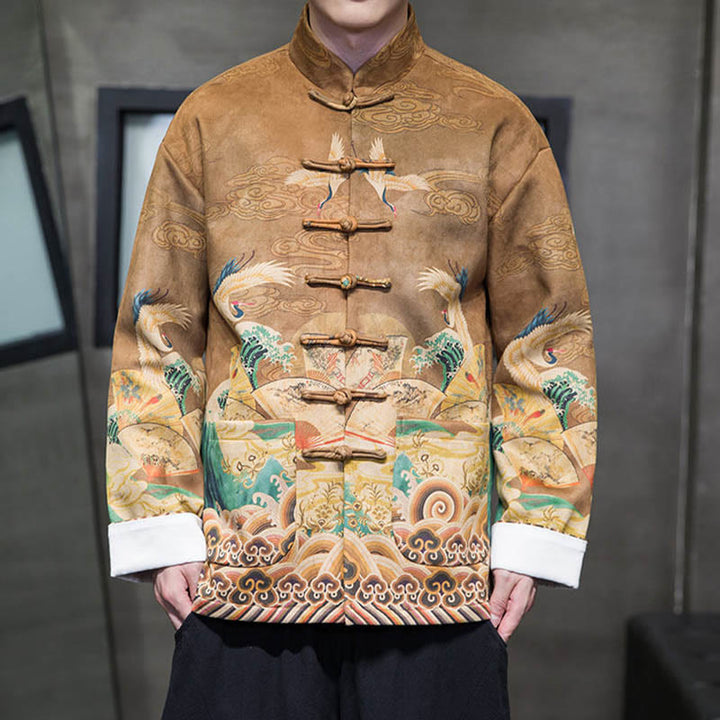 Buddha Stonesカエルボタン 中国唐装 鶴のキャラクター ロングシャツ コットンスエード メンズ ジャケット 衣類