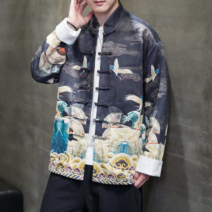 Buddha Stonesカエルボタン 中国唐装 鶴のキャラクター ロングシャツ コットンスエード メンズ ジャケット 衣類 - image 15