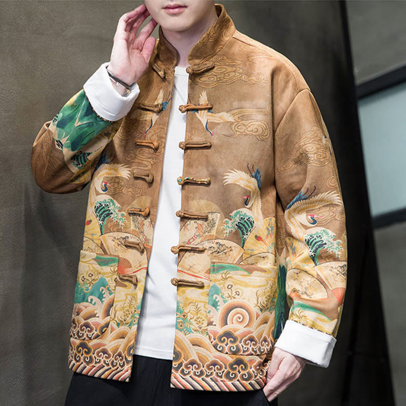 Buddha Stonesカエルボタン 中国唐装 鶴のキャラクター ロングシャツ コットンスエード メンズ ジャケット 衣類 - image 1