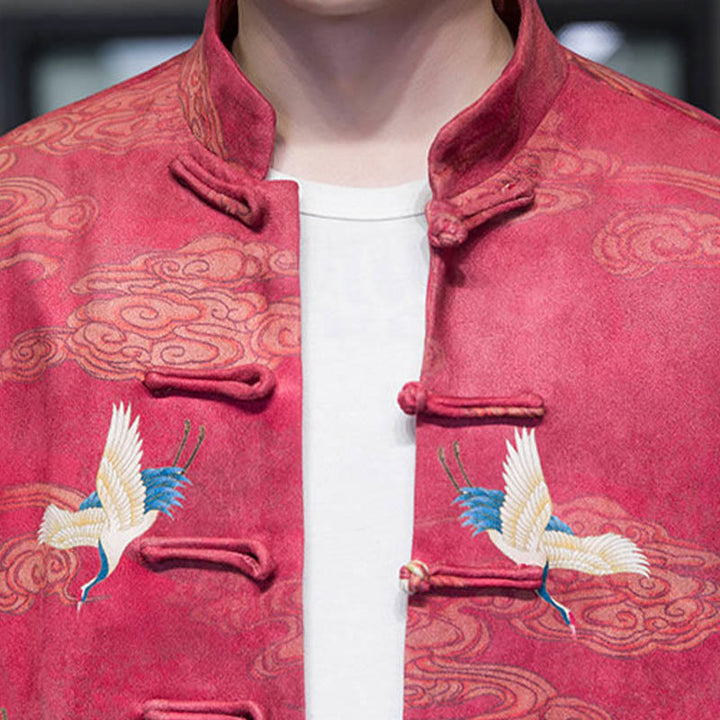 Buddha Stonesカエルボタン 中国唐装 鶴のキャラクター ロングシャツ コットンスエード メンズ ジャケット 衣類