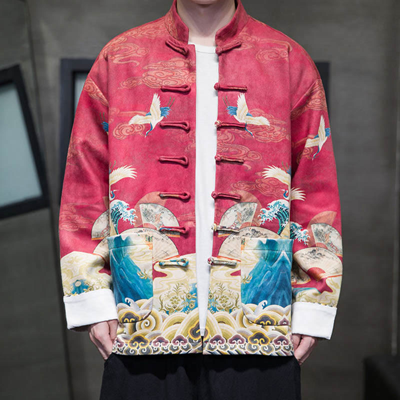 Buddha Stonesカエルボタン 中国唐装 鶴のキャラクター ロングシャツ コットンスエード メンズ ジャケット 衣類 - image 21