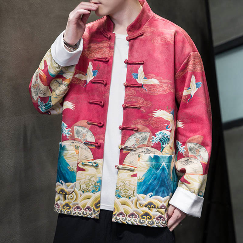 Buddha Stonesカエルボタン 中国唐装 鶴のキャラクター ロングシャツ コットンスエード メンズ ジャケット 衣類 - image 17