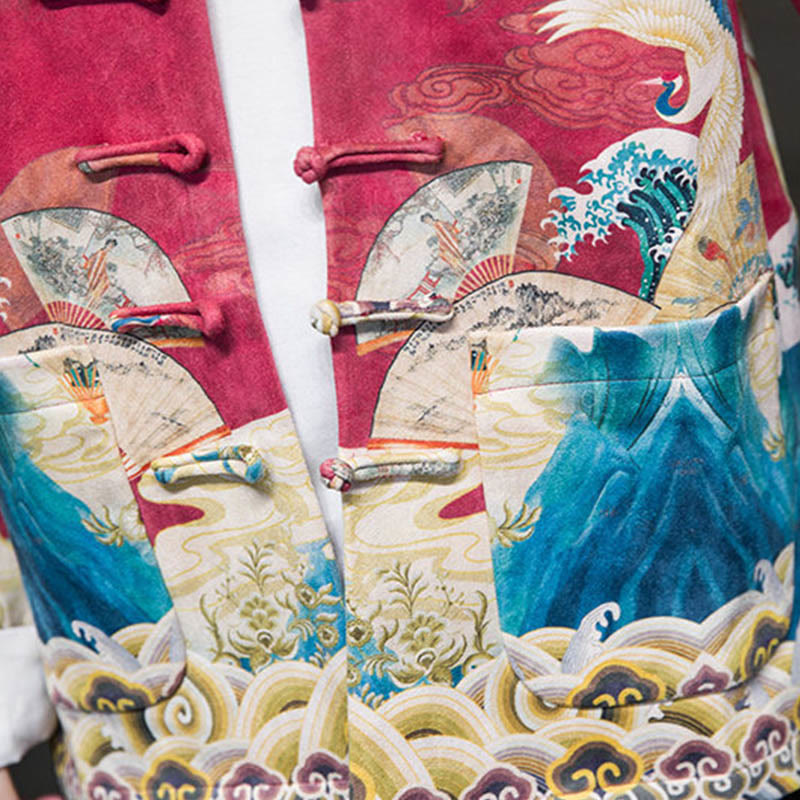 Buddha Stonesカエルボタン 中国唐装 鶴のキャラクター ロングシャツ コットンスエード メンズ ジャケット 衣類