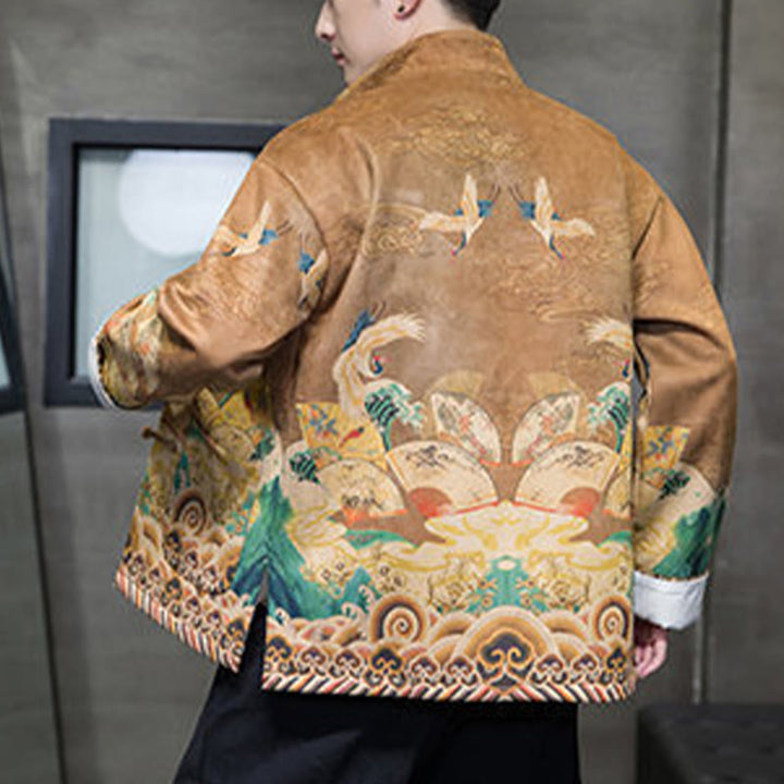Buddha Stonesカエルボタン 中国唐装 鶴のキャラクター ロングシャツ コットンスエード メンズ ジャケット 衣類