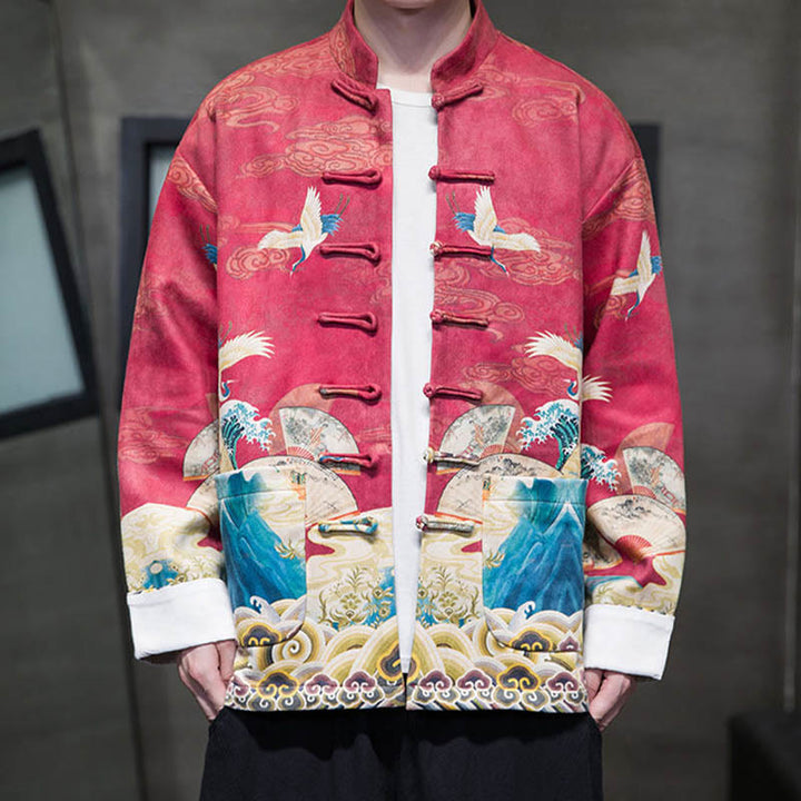 Buddha Stonesカエルボタン 中国唐装 鶴のキャラクター ロングシャツ コットンスエード メンズ ジャケット 衣類 - image 21