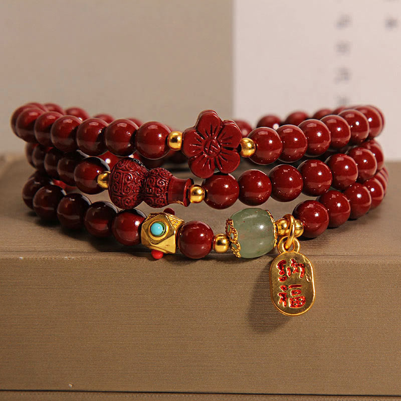 Buddha Stones辰砂 福文字 花ひょうたん トリプルラップ 祝福ブレスレット