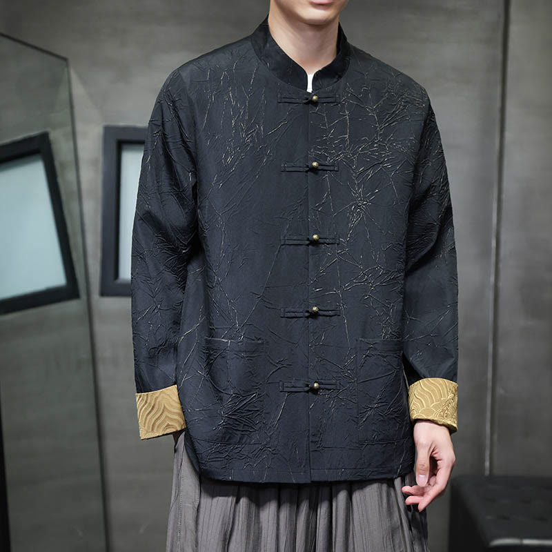 Buddha Stones唐装カジュアルフロッグボタン長袖ナイロンメンズジャケットシャツ衣類 - 黒 - US/UK/AU46、 EU56 (5XL) - image 0