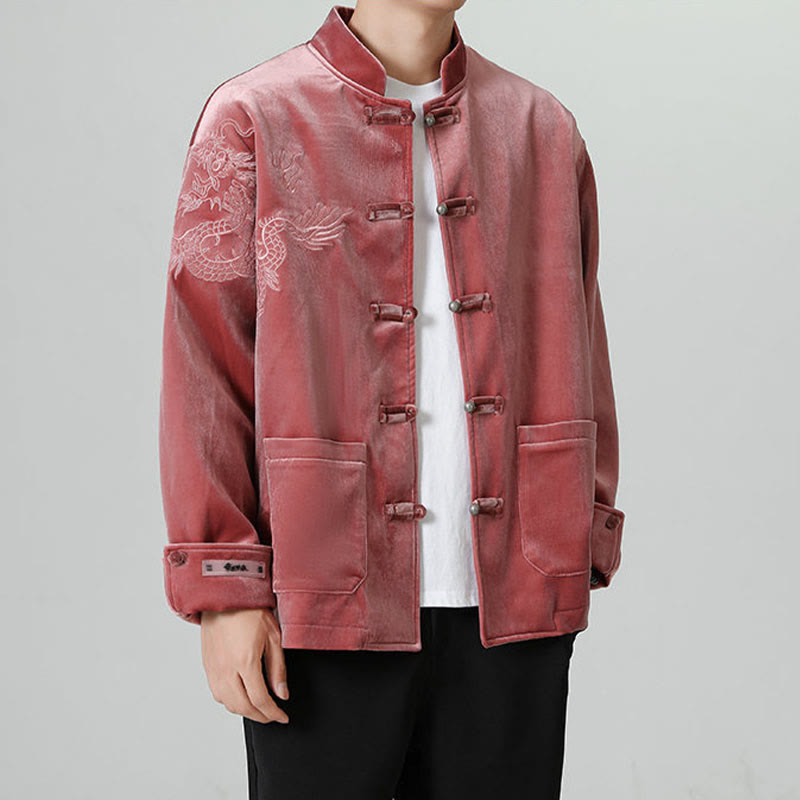 Buddha Stones刺繍ドラゴンカジュアルフロッグボタンコットンメンズジャケットシャツ服 - image 2