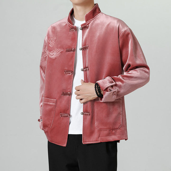 Buddha Stones刺繍ドラゴンカジュアルフロッグボタンコットンメンズジャケットシャツ服 - image 3