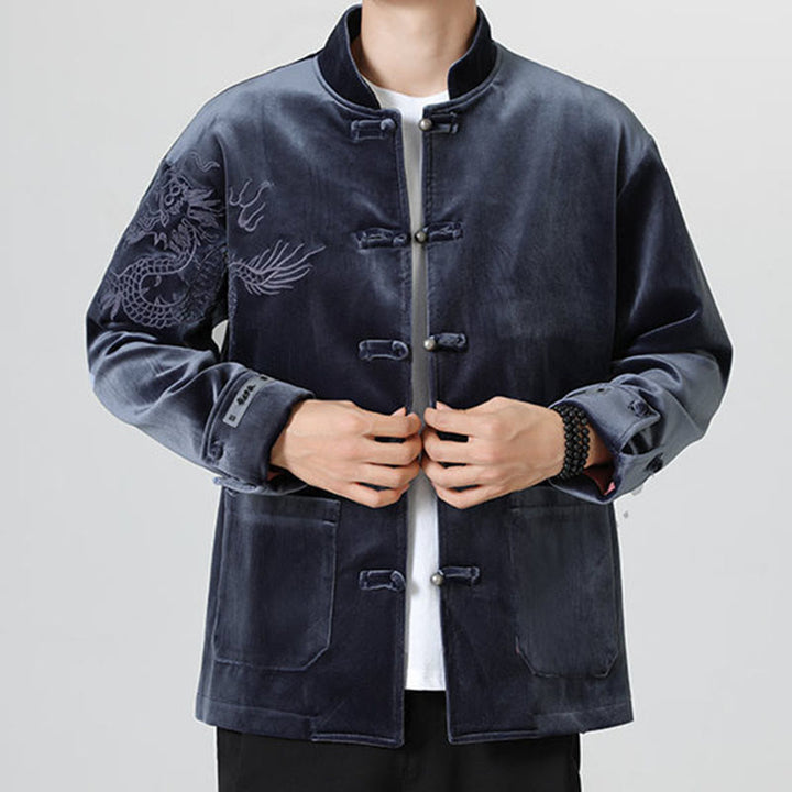 Buddha Stones刺繍ドラゴンカジュアルフロッグボタンコットンメンズジャケットシャツ服 - image 28