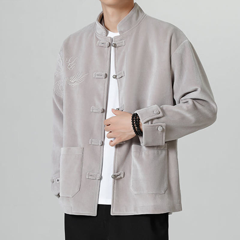 Buddha Stones刺繍ドラゴンカジュアルフロッグボタンコットンメンズジャケットシャツ服 - image 13