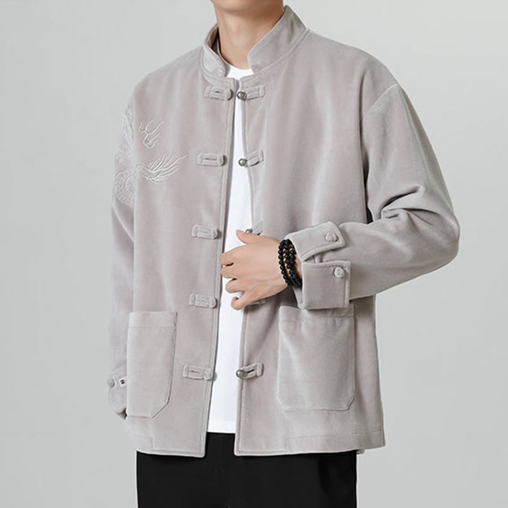 Buddha Stones刺繍ドラゴンカジュアルフロッグボタンコットンメンズジャケットシャツ服 - image 13