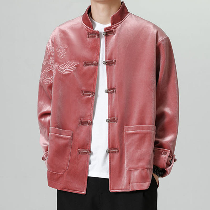 Buddha Stones刺繍ドラゴンカジュアルフロッグボタンコットンメンズジャケットシャツ服 - ファイアブリック - US/UK/AU46、 EU56 (5XL) - image 0