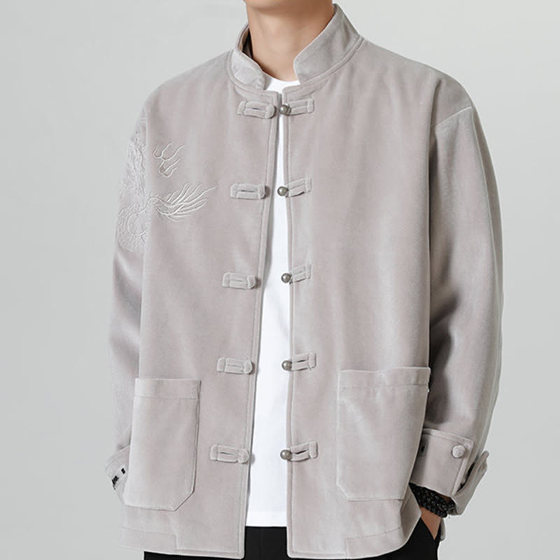 Buddha Stones刺繍ドラゴンカジュアルフロッグボタンコットンメンズジャケットシャツ服 - シルバー - US/UK/AU46、 EU56 (5XL) - image 10