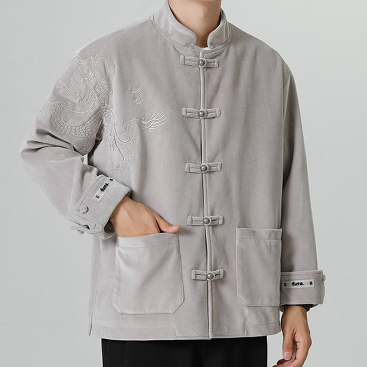 Buddha Stones刺繍ドラゴンカジュアルフロッグボタンコットンメンズジャケットシャツ服 - image 14