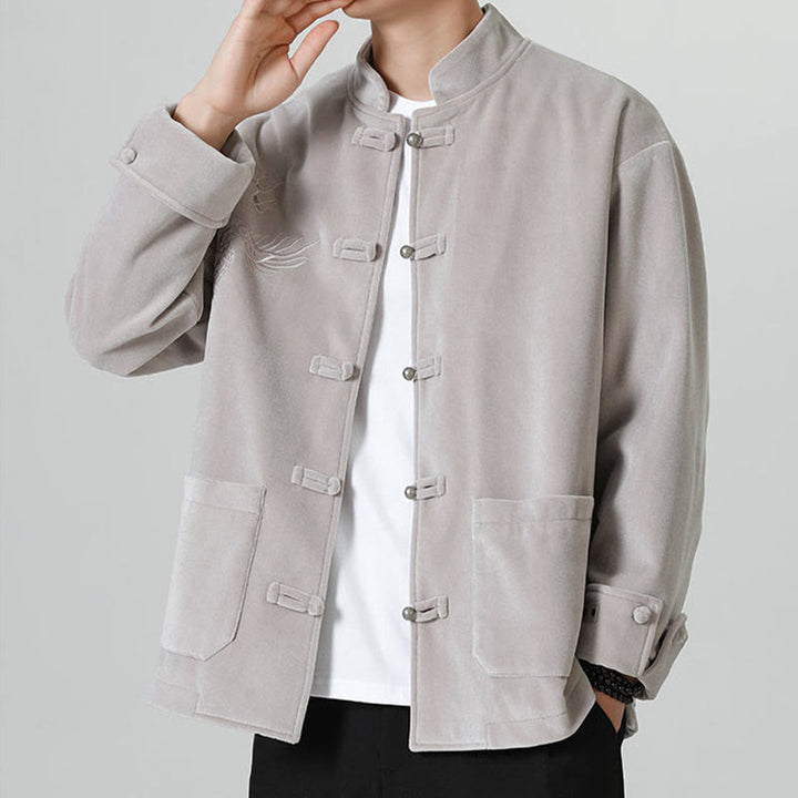 Buddha Stones刺繍ドラゴンカジュアルフロッグボタンコットンメンズジャケットシャツ服 - image 15