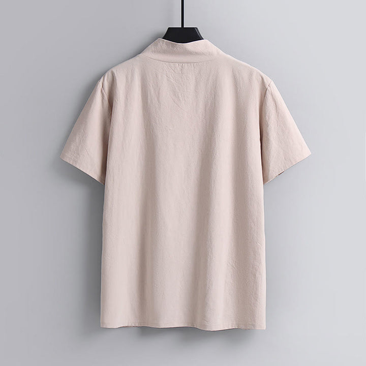 Buddha StonesゆったりメンズTシャツ 無地 半袖 Vネック 通気性のあるコットンリネンシャツ - image 5