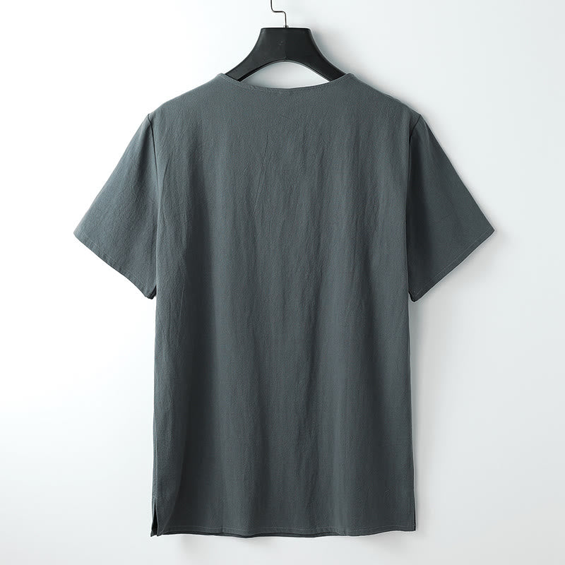 Buddha Stonesメンズ Tシャツ 無地 トップス 半袖 三つボタン Vカラー ソフトコットンシャツ - image 1