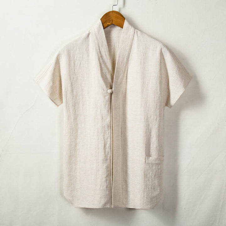 Buddha Stonesメンズ 半袖シャツ ポケット付き Vネック カーディガン 快適コットンリネンシャツ - リネン - US/UK/AU44、 EU54 (4XL) - image 0