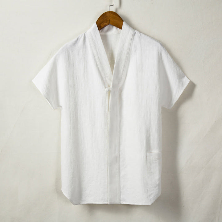 Buddha Stonesメンズ 半袖シャツ ポケット付き Vネック カーディガン 快適コットンリネンシャツ - 白 - US/UK/AU44、 EU54 (4XL) - image 2