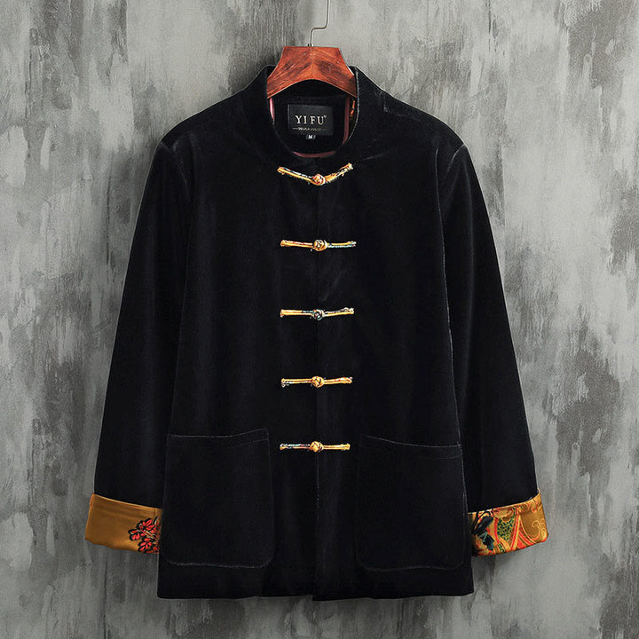 Buddha Stones唐装カエルボタンラウンドネックコットンメンズジャケットシャツ衣類 - 黄色いボタン - US/UK/AU42、 EU52 (3XL) - image 0