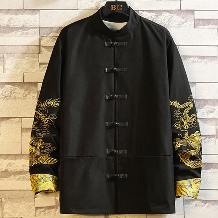 Buddha Stones刺繍龍鳳凰カジュアルフロッグボタンコットンメンズジャケットシャツ服 - 黒 - US/UK/AU46、 EU56 (5XL) - image 0