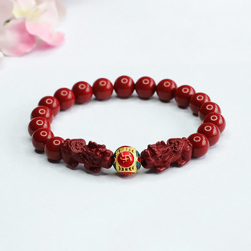 Buddha Stones辰砂 ダブル貔貅 邪悪な霊を寄せ付けないブレスレット - 辰砂ダブル貔貅（手首周り：14～16cm） - 8mm - image 0