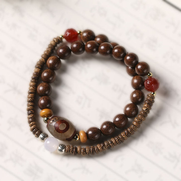 Buddha Stones、黒檀、白檀、緑白檀、Dziビーズ、バランスカームダブルラップブレスレット