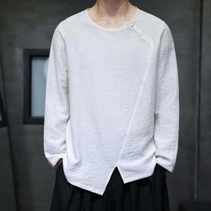 Buddha Stones無地 ゆったり 長袖 ラウンドネック コットン メンズシャツ - image 4