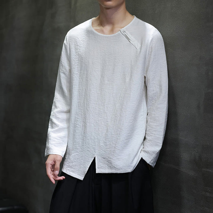 Buddha Stones無地 ゆったり 長袖 ラウンドネック コットン メンズシャツ - image 3