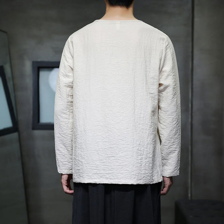 Buddha Stones無地 ゆったり 長袖 ラウンドネック コットン メンズシャツ - image 16