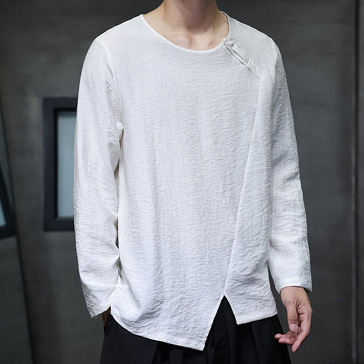 Buddha Stones無地 ゆったり 長袖 ラウンドネック コットン メンズシャツ - image 5