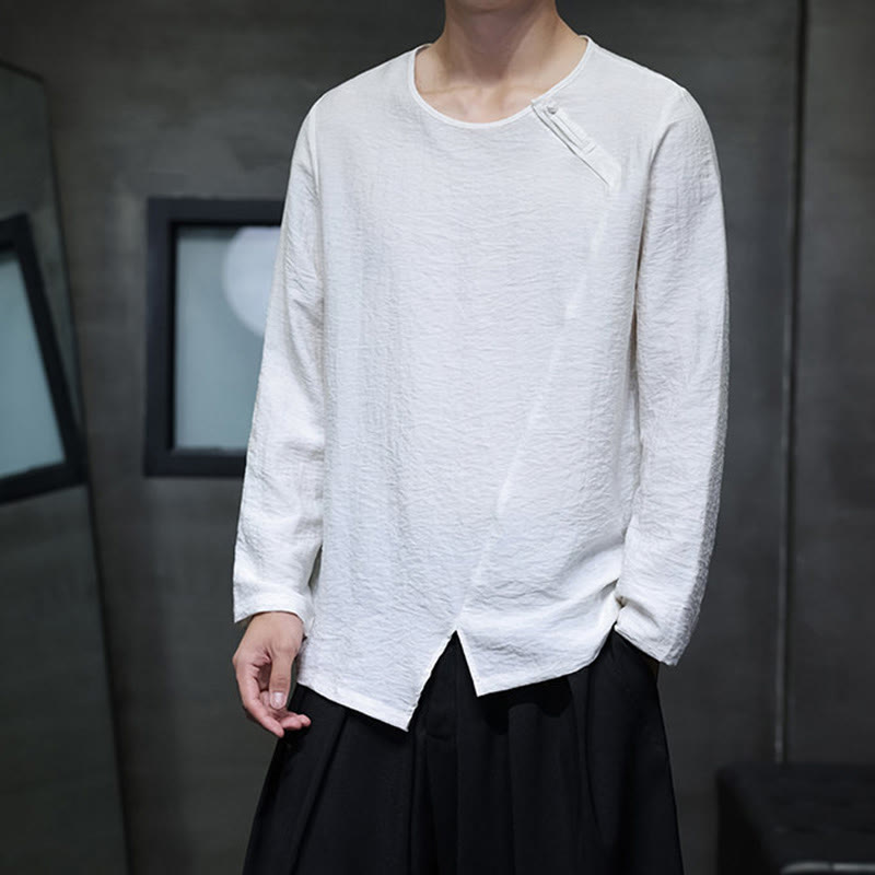 Buddha Stones無地 ゆったり 長袖 ラウンドネック コットン メンズシャツ - image 1