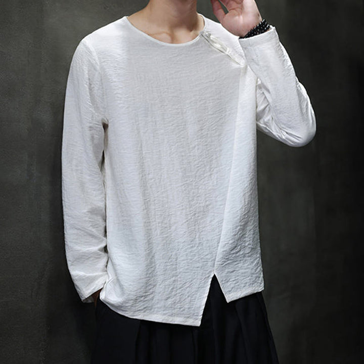 Buddha Stones無地 ゆったり 長袖 ラウンドネック コットン メンズシャツ - image 9