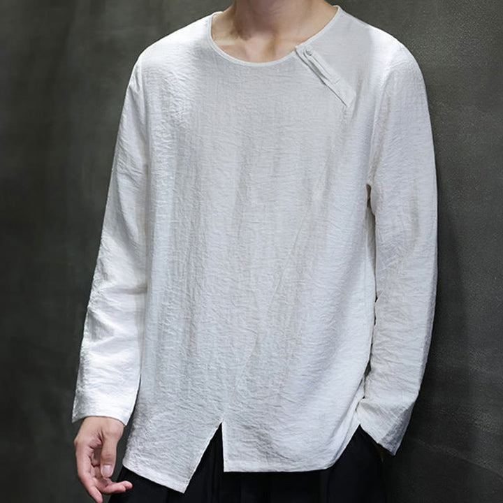 Buddha Stones無地 ゆったり 長袖 ラウンドネック コットン メンズシャツ - 白 - US/UK/AU46、 EU56 (5XL) - image 0