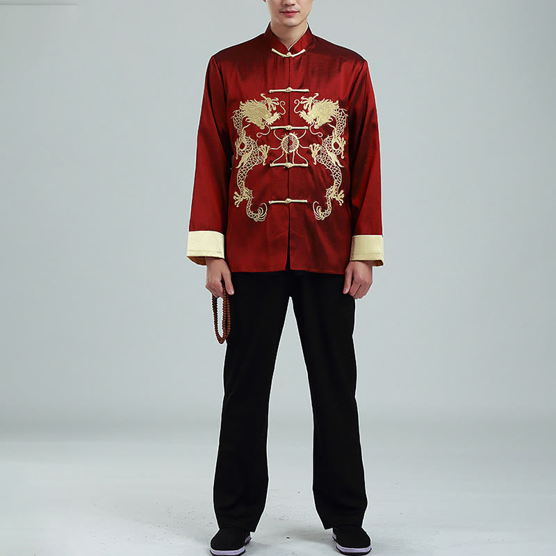 Buddha Stones刺繍ドラゴン折り返し袖カジュアルフロッグボタンポリエステル繊維メンズジャケットシャツパンツ衣類 - image 3