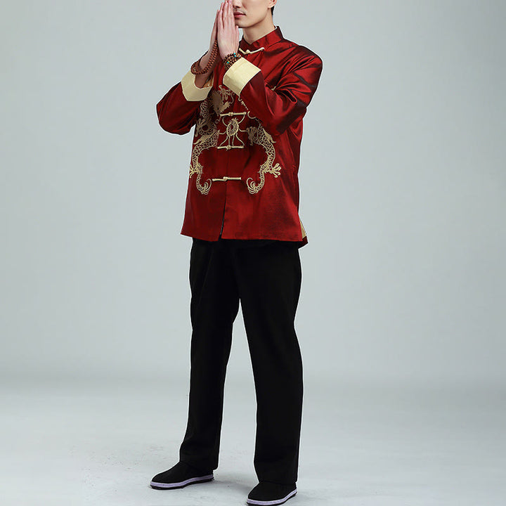 Buddha Stones刺繍ドラゴン折り返し袖カジュアルフロッグボタンポリエステル繊維メンズジャケットシャツパンツ衣類 - image 4