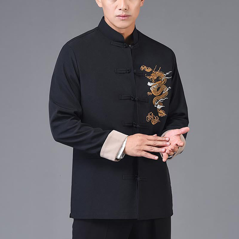 Buddha Stones龍刺繍カエルボタンポリエステルメンズジャケットシャツポケット付き - image 3