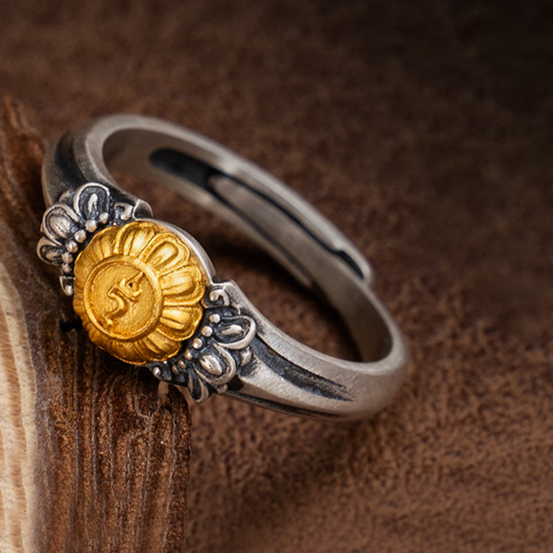 Buddha Stones925 スターリングシルバー ゴールドメッキ 菩薩 ターラ 保護 調節可能リング - 多羅菩薩（円周：68mm） - image 0