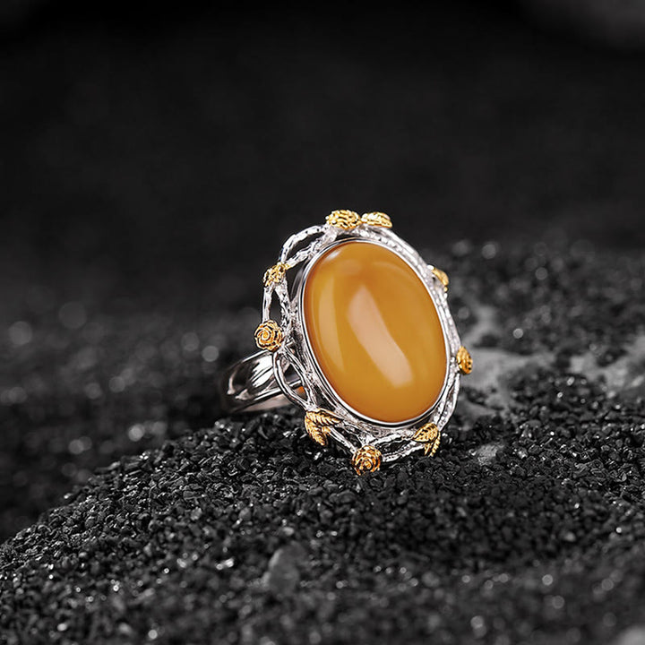 Buddha Stones990 スターリングシルバー メッキ ゴールド アンバー フォーカス 調節可能リング - アンバー（円周：54～60mm） - image 0