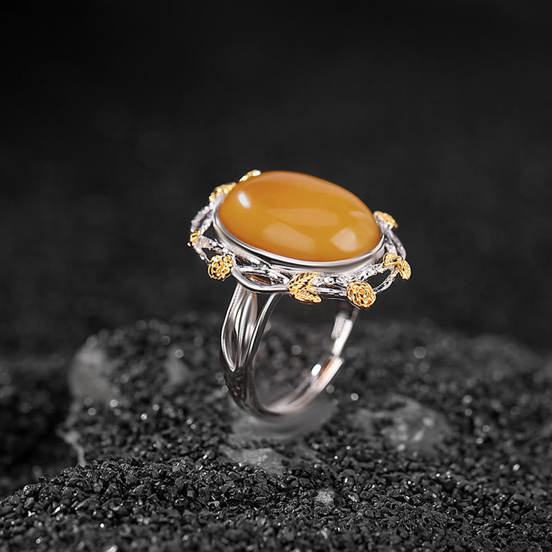 Buddha Stones990 スターリングシルバー メッキ ゴールド アンバー フォーカス 調節可能リング - image 1