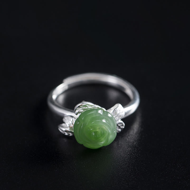 Buddha Stones925スターリングシルバー 翡翠 グリーンローズ 幸運 調節可能リング