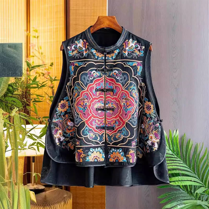 Buddha Stonesヴィンテージ刺繍カラフルな雲花柄ベスト - 黒 - US12、 UK/AU16、 EU44 (3XL) - image 0