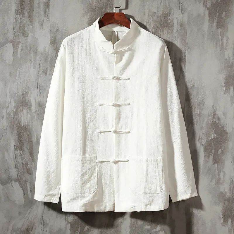 Buddha Stonesスタンドカラータンスーツカジュアルコットンリネンシャツ - 白 - US/UK/AU44、EU54（5XL） - image 1